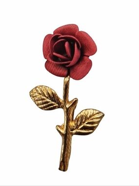 Vintage rose brooch, pin with Goldtone Leaves And Stem